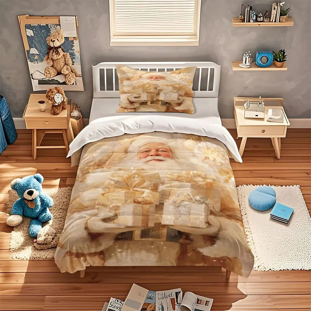 Christmas Golden Santa Gifts Beige Christmas Gift Duvet Cover Set Kids Bedding Set