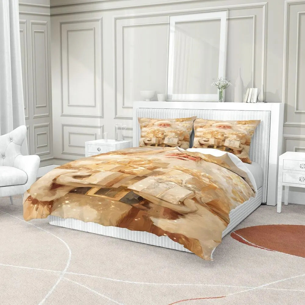 Christmas Golden Santa Gifts Beige Christmas Gift Duvet Cover Set Kids Bedding Set