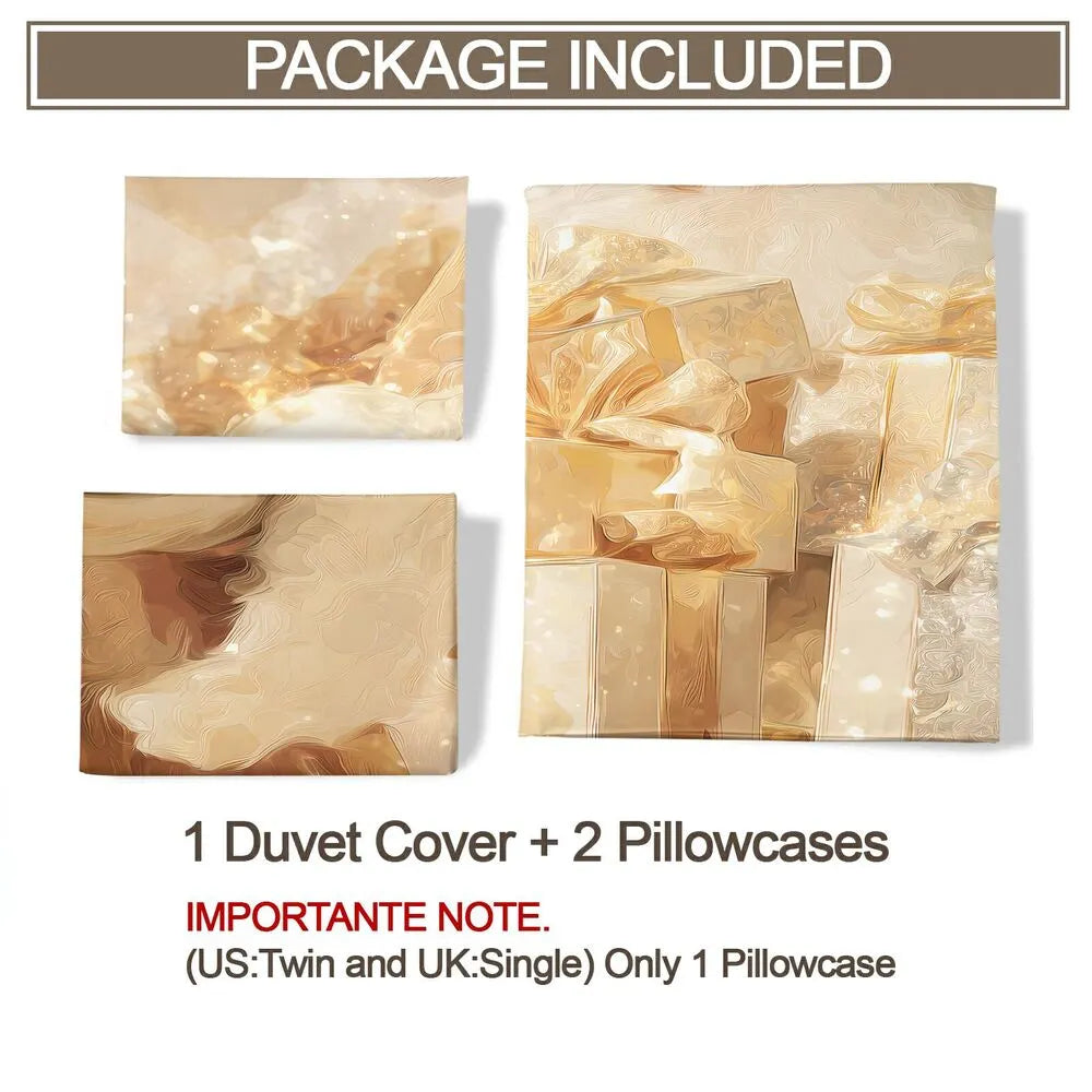 Christmas Golden Santa Gifts Beige Christmas Gift Duvet Cover Set Kids Bedding Set