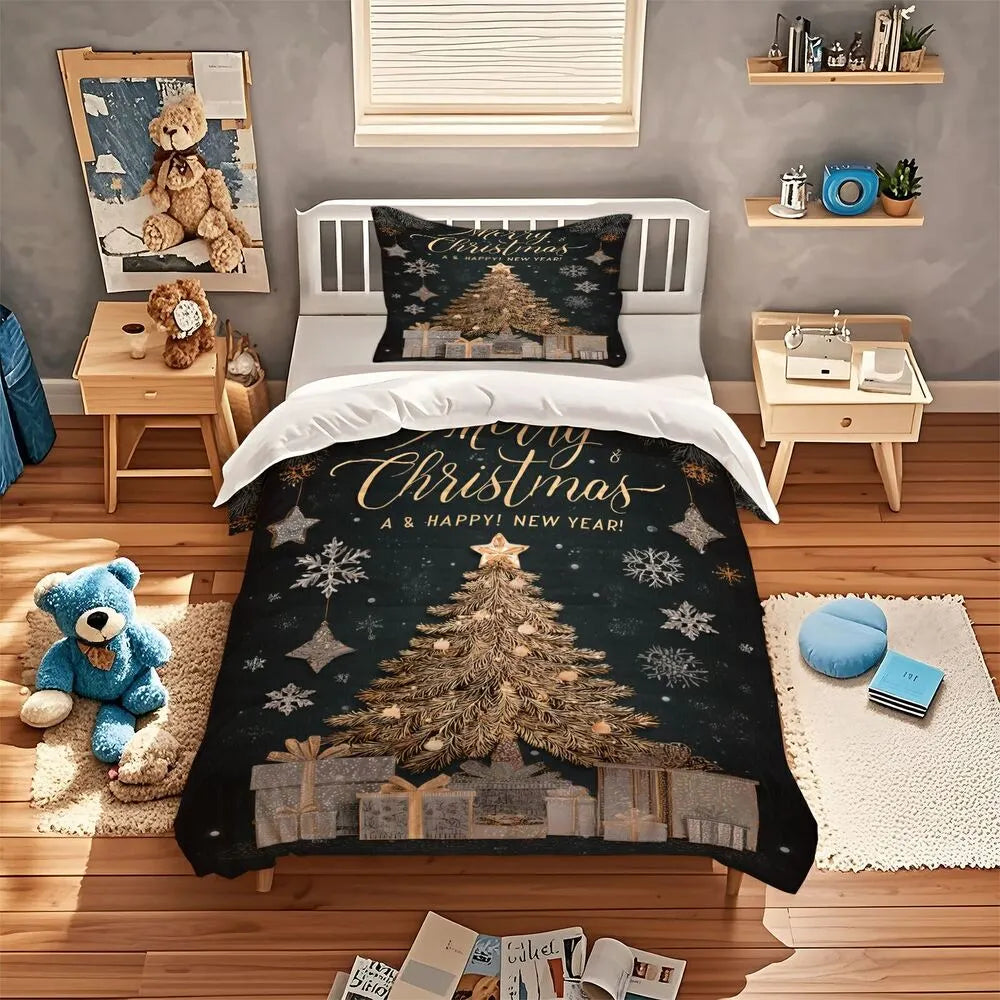 Christmas Golden Tree Merry Christmas Black Christmas Gift Duvet Cover Set Kids Bedding Set