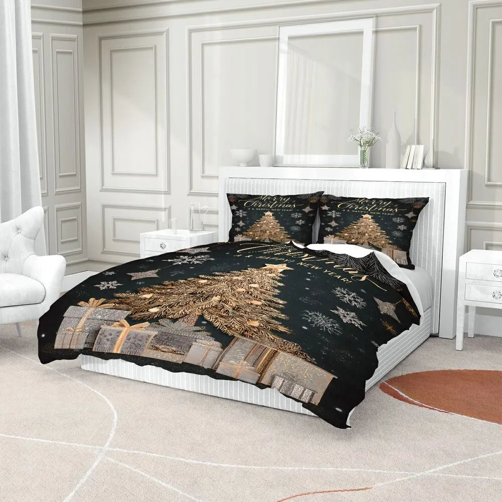 Christmas Golden Tree Merry Christmas Black Christmas Gift Duvet Cover Set Kids Bedding Set