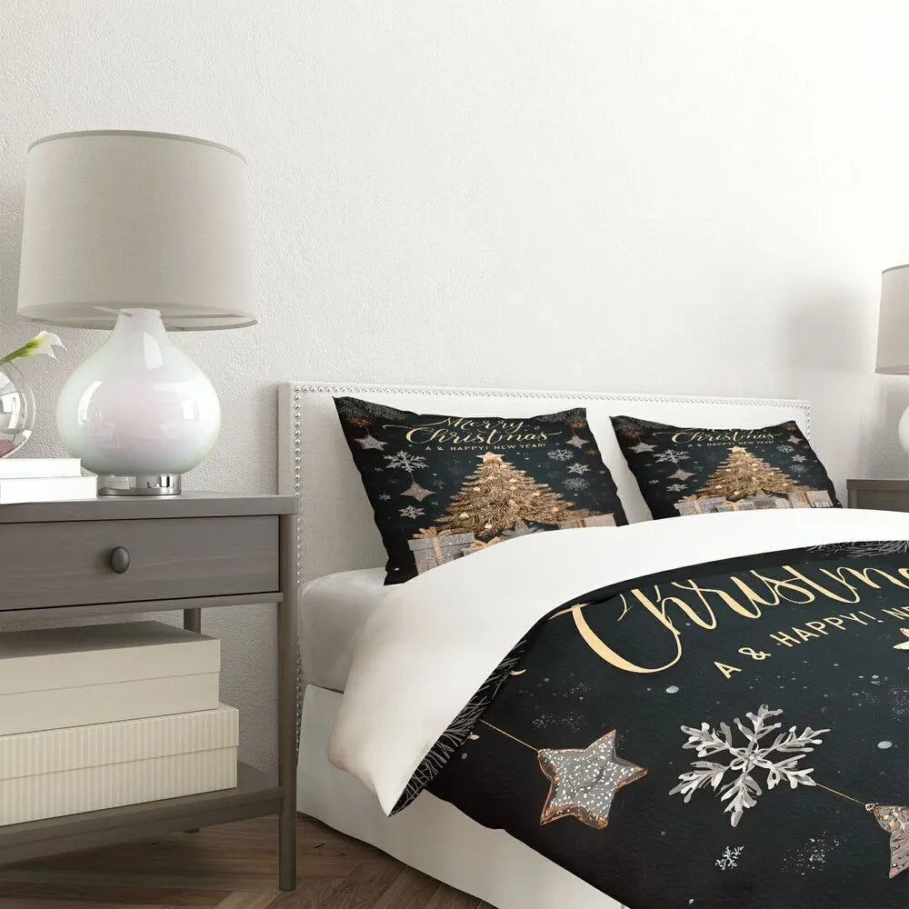 Christmas Golden Tree Merry Christmas Black Christmas Gift Duvet Cover Set Kids Bedding Set