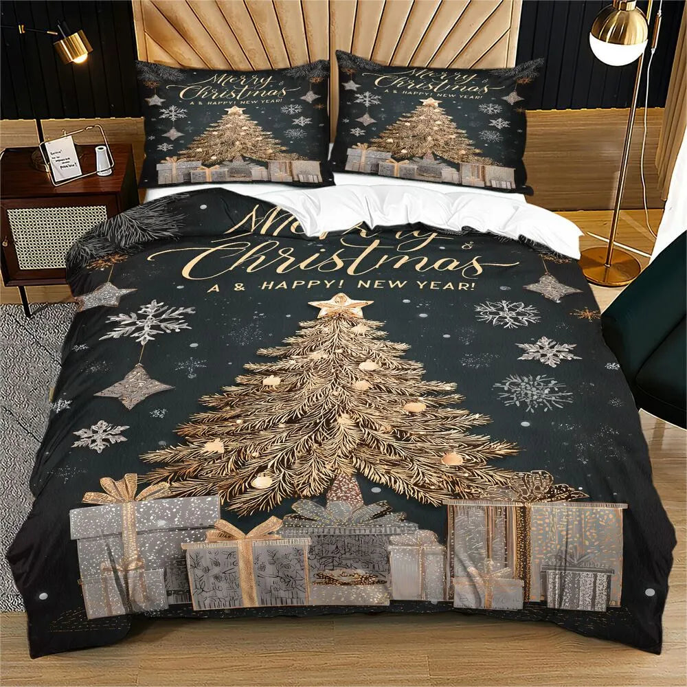 Christmas Golden Tree Merry Christmas Black Christmas Gift Duvet Cover Set Kids Bedding Set