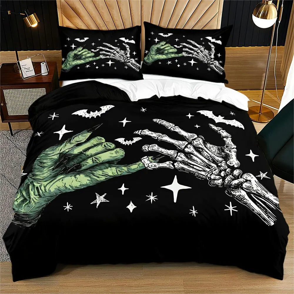 Christmas Gothic Skeleton Hand Bat Black Christmas Gift Duvet Cover Set Kids Bedding Set