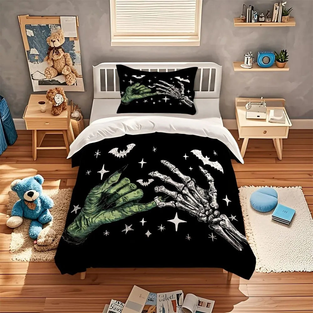 Christmas Gothic Skeleton Hand Bat Black Christmas Gift Duvet Cover Set Kids Bedding Set