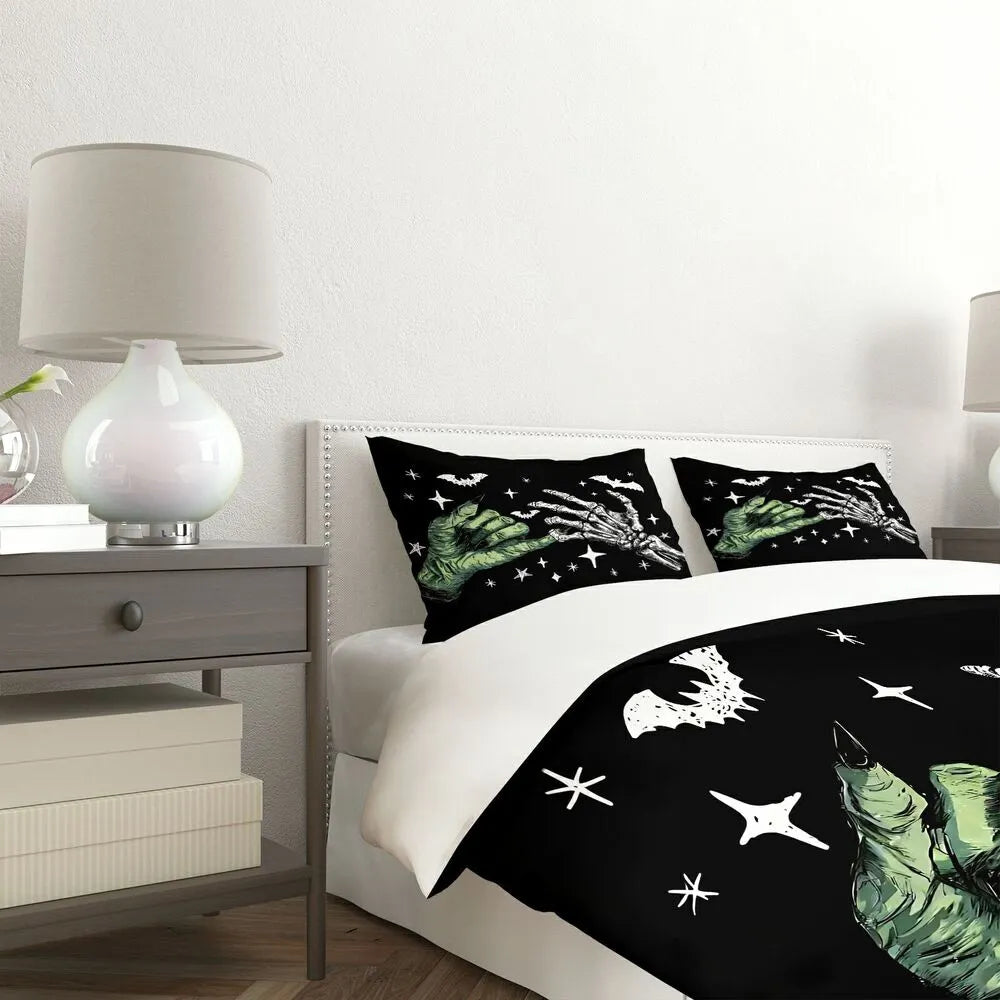 Christmas Gothic Skeleton Hand Bat Black Christmas Gift Duvet Cover Set Kids Bedding Set