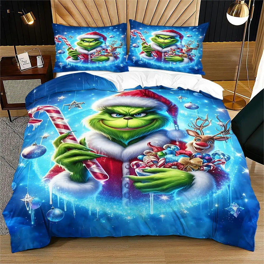 Christmas Grinch Candy Cane Christmas Gift Duvet Cover Set Kids Bedding Set
