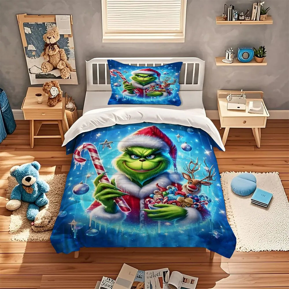 Christmas Grinch Candy Cane Christmas Gift Duvet Cover Set Kids Bedding Set