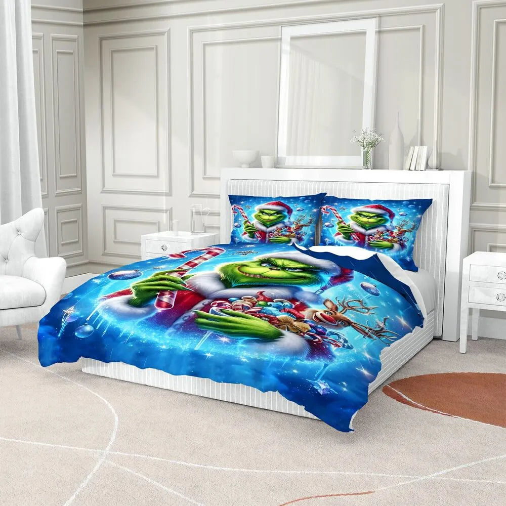 Christmas Grinch Candy Cane Christmas Gift Duvet Cover Set Kids Bedding Set