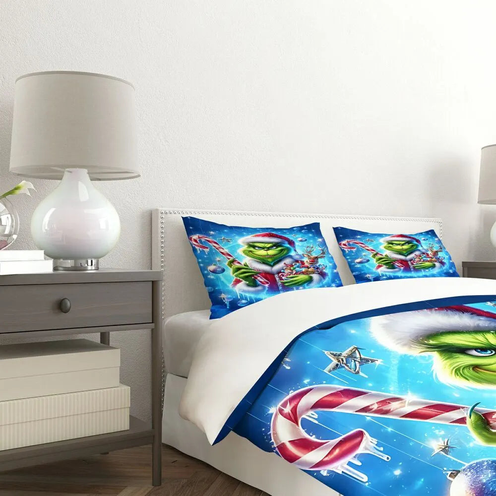 Christmas Grinch Candy Cane Christmas Gift Duvet Cover Set Kids Bedding Set