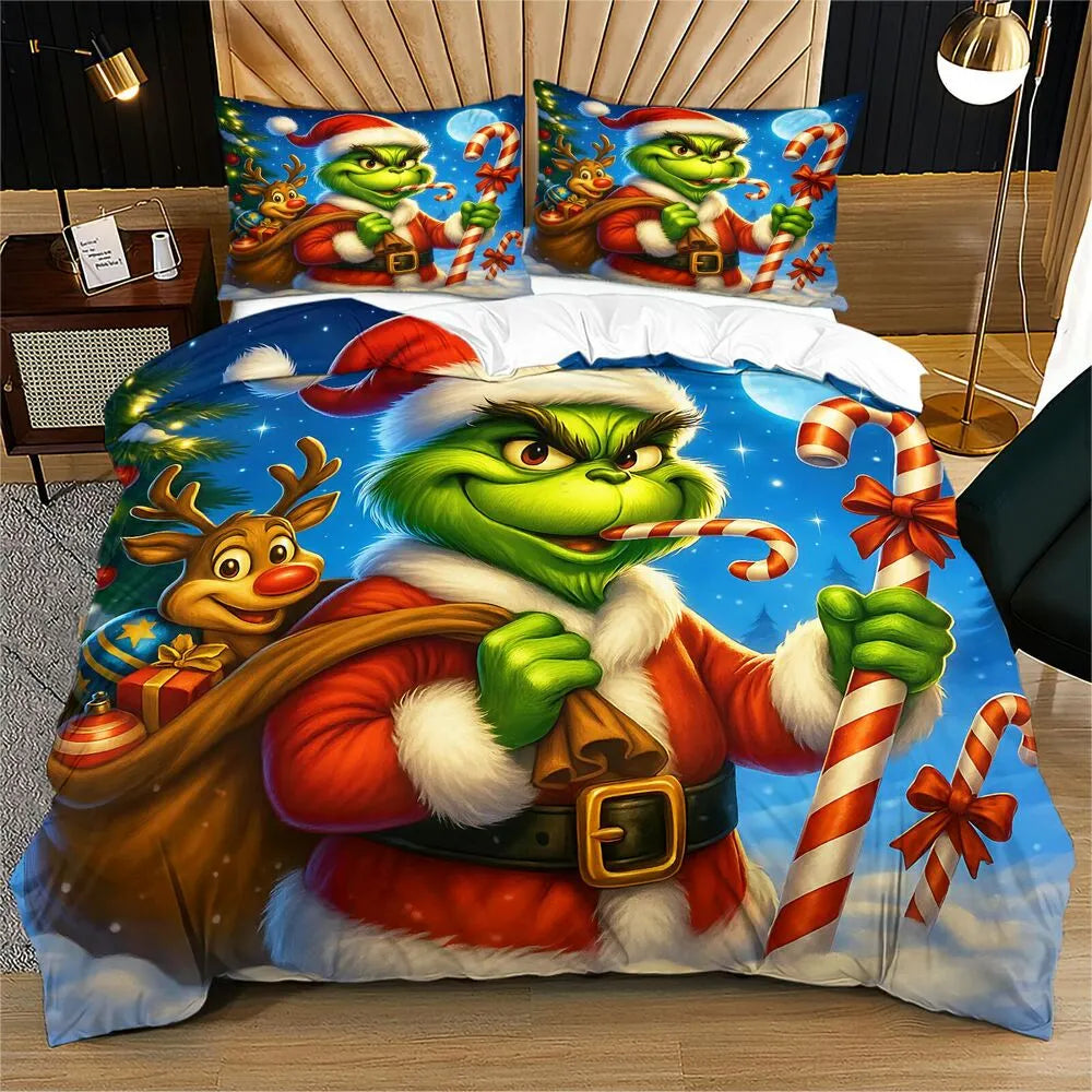 Christmas Grinch Santa With Reindeer Christmas Gift Duvet Cover Set Kids Bedding Set