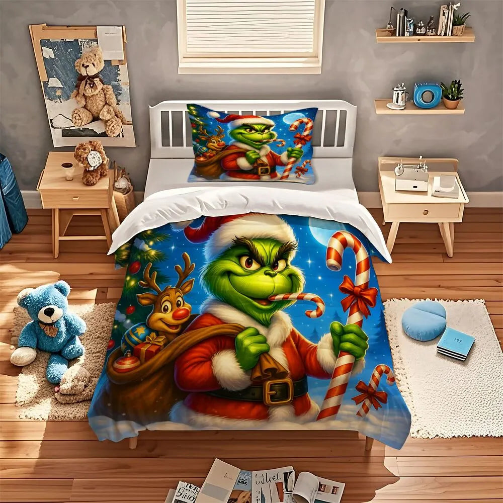 Christmas Grinch Santa With Reindeer Christmas Gift Duvet Cover Set Kids Bedding Set