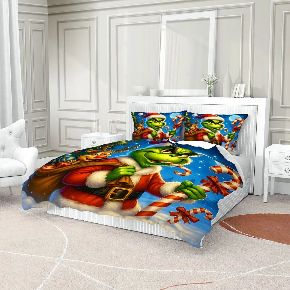 Christmas Grinch Santa With Reindeer Christmas Gift Duvet Cover Set Kids Bedding Set