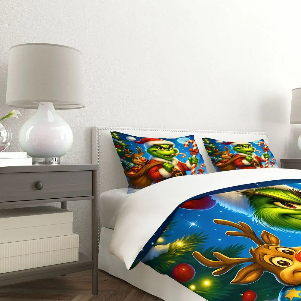 Christmas Grinch Santa With Reindeer Christmas Gift Duvet Cover Set Kids Bedding Set