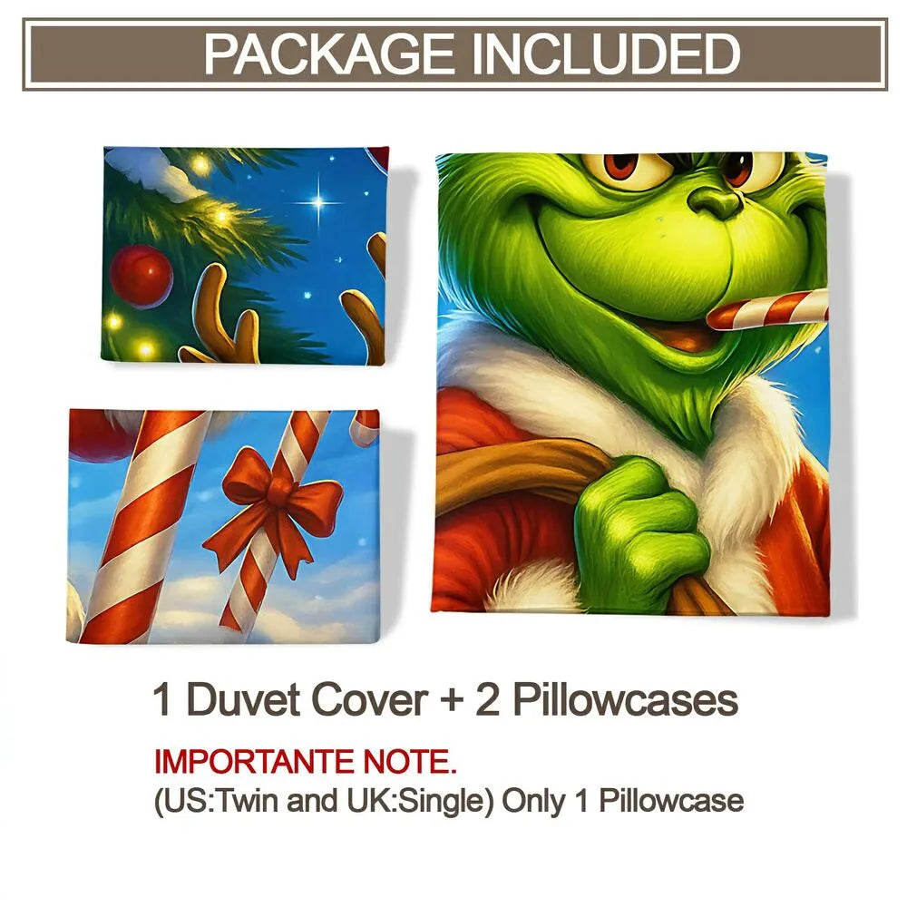Christmas Grinch Santa With Reindeer Christmas Gift Duvet Cover Set Kids Bedding Set