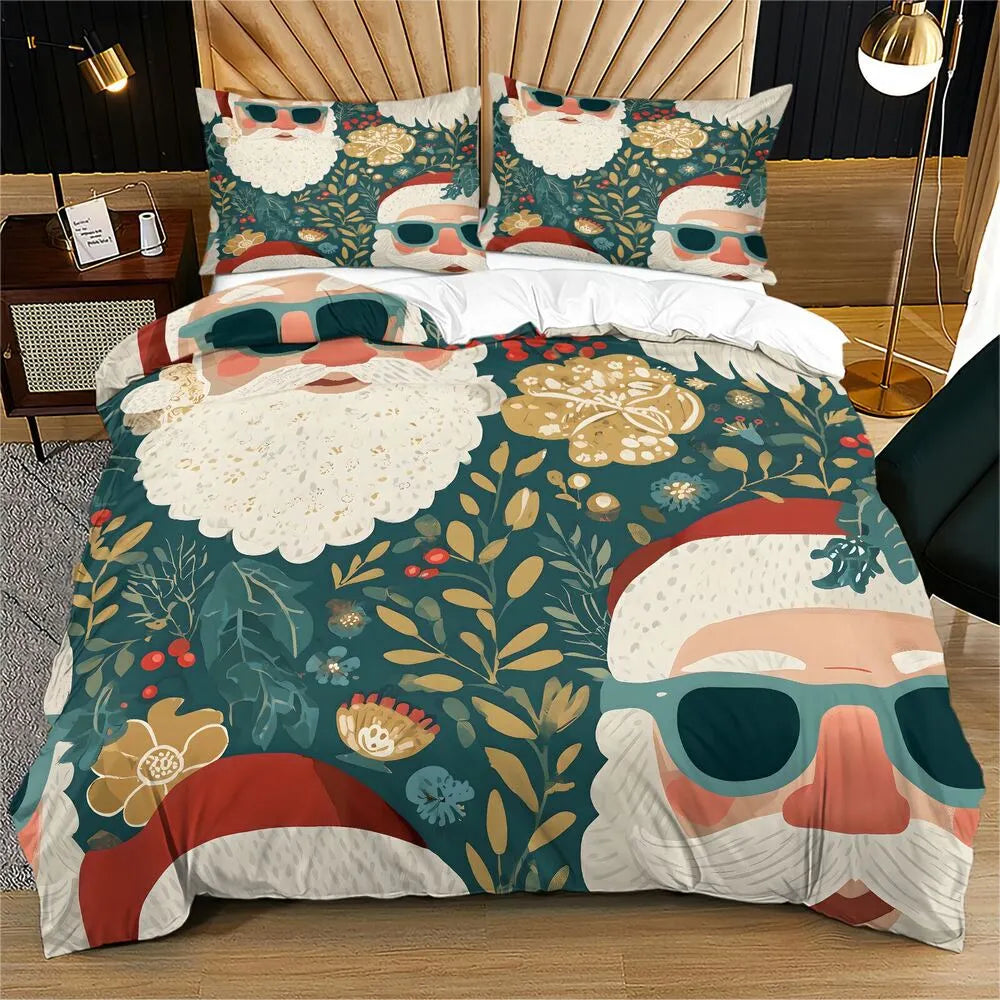 Christmas Hipster Santa Floral Teal Christmas Gift Duvet Cover Set Kids Bedding Set