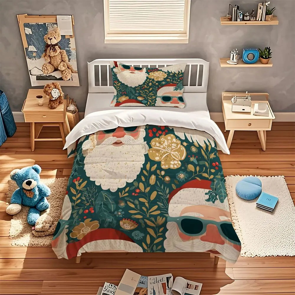 Christmas Hipster Santa Floral Teal Christmas Gift Duvet Cover Set Kids Bedding Set
