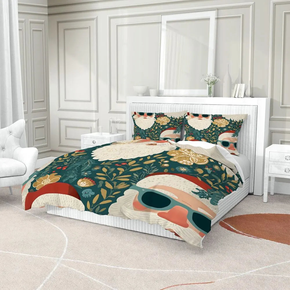 Christmas Hipster Santa Floral Teal Christmas Gift Duvet Cover Set Kids Bedding Set