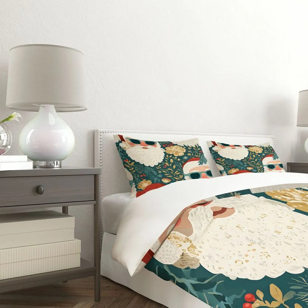 Christmas Hipster Santa Floral Teal Christmas Gift Duvet Cover Set Kids Bedding Set