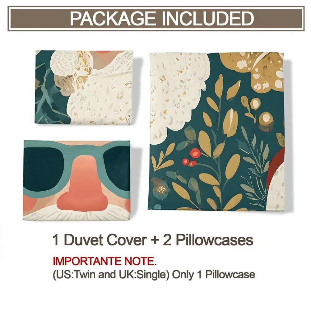 Christmas Hipster Santa Floral Teal Christmas Gift Duvet Cover Set Kids Bedding Set