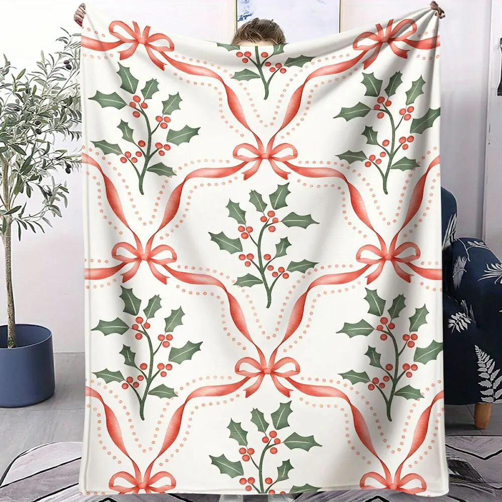 Christmas Holly and Bow Pattern Multipurpose Throw Blanket