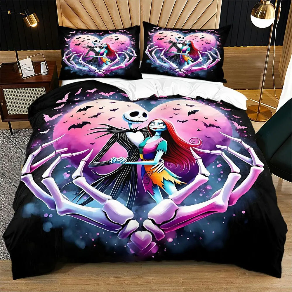 Christmas Nightmare Before Christmas Jack Sally Pink Black Christmas Gift Duvet Cover Set Kids Bedding Set