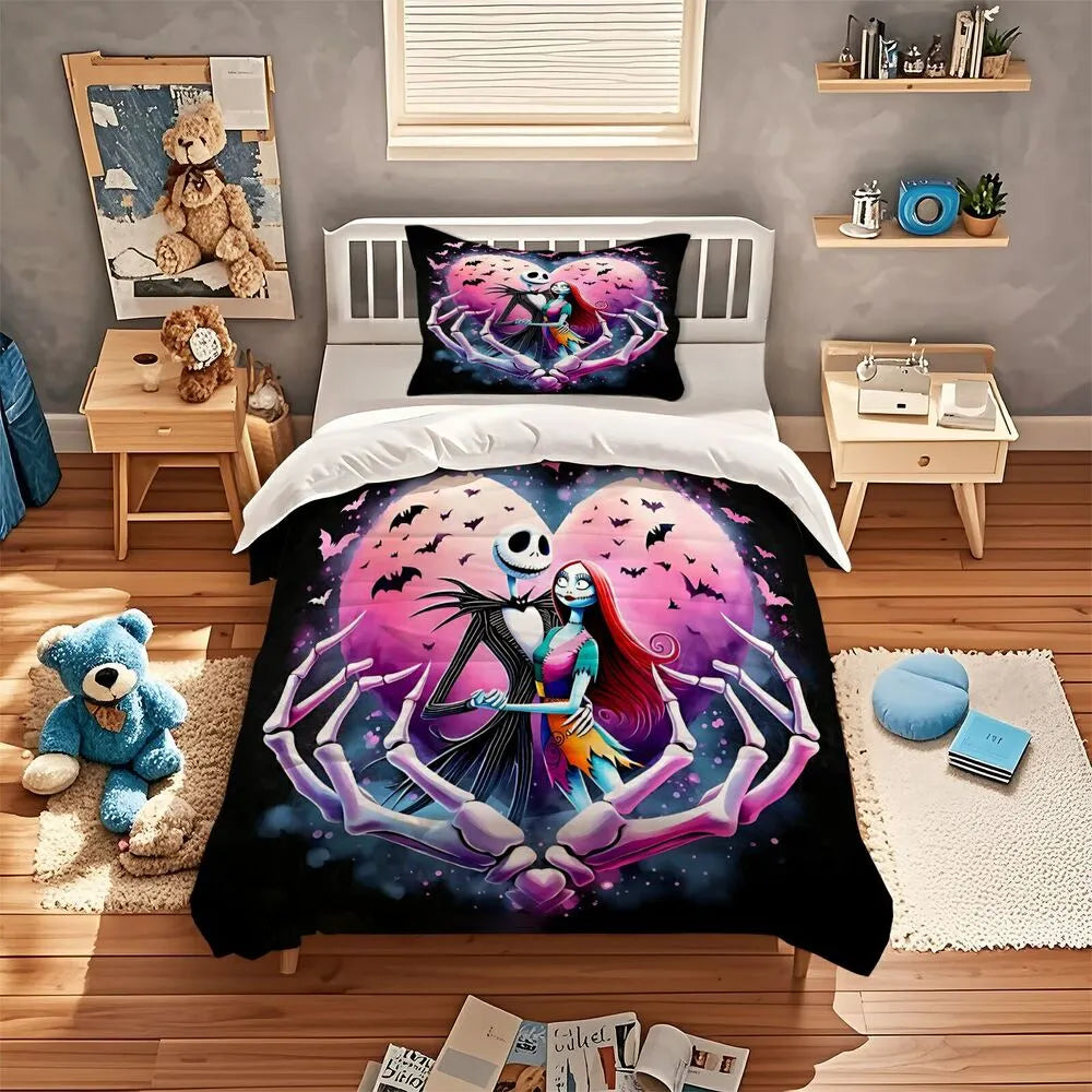 Christmas Nightmare Before Christmas Jack Sally Pink Black Christmas Gift Duvet Cover Set Kids Bedding Set