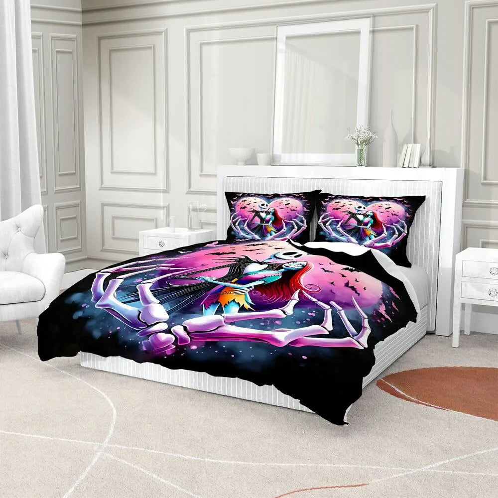 Christmas Nightmare Before Christmas Jack Sally Pink Black Christmas Gift Duvet Cover Set Kids Bedding Set