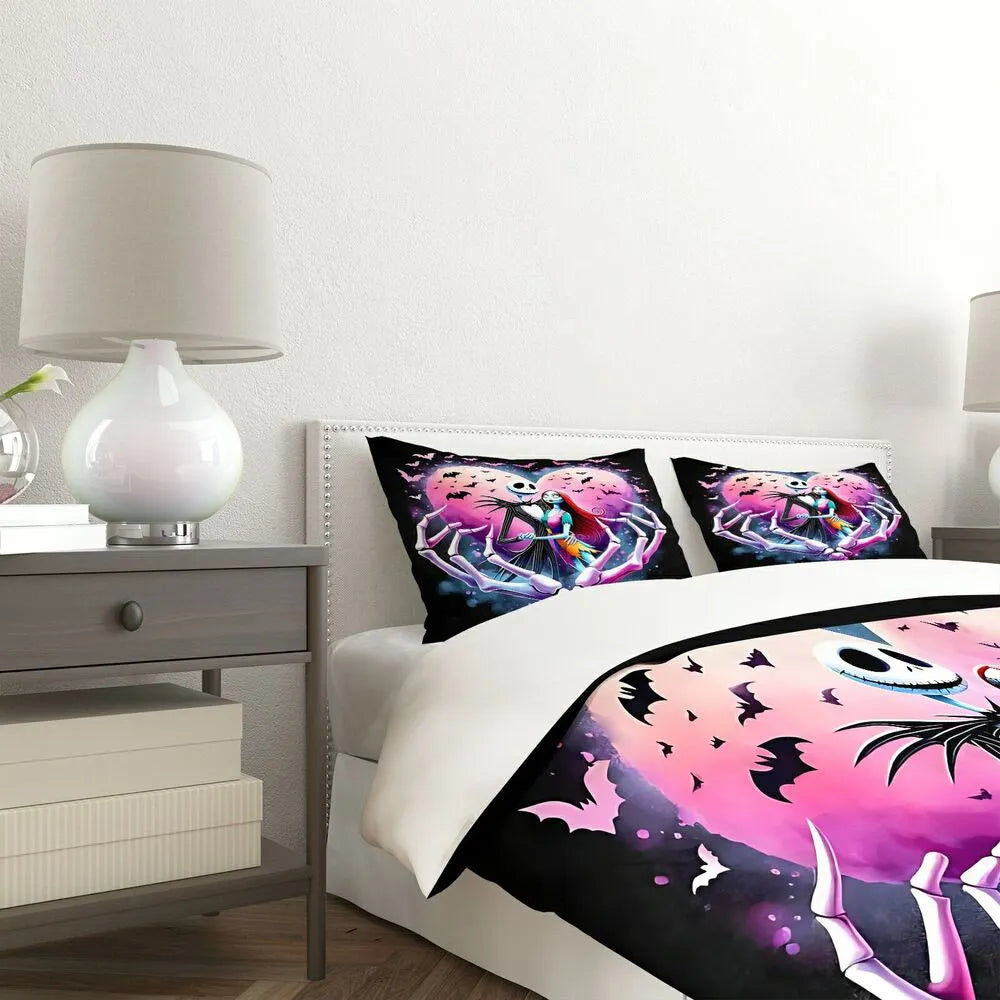 Christmas Nightmare Before Christmas Jack Sally Pink Black Christmas Gift Duvet Cover Set Kids Bedding Set