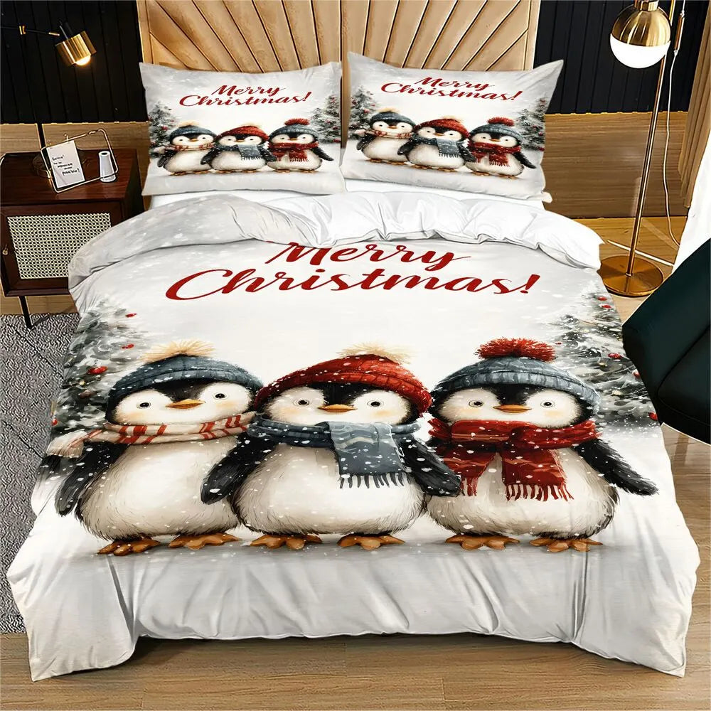 Christmas Penguin Family Merry Christmas White Christmas Gift Duvet Cover Set Kids Bedding Set