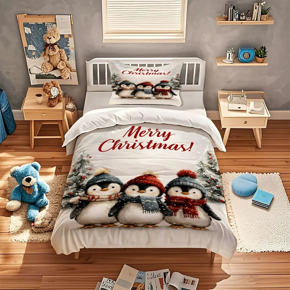 Christmas Penguin Family Merry Christmas White Christmas Gift Duvet Cover Set Kids Bedding Set