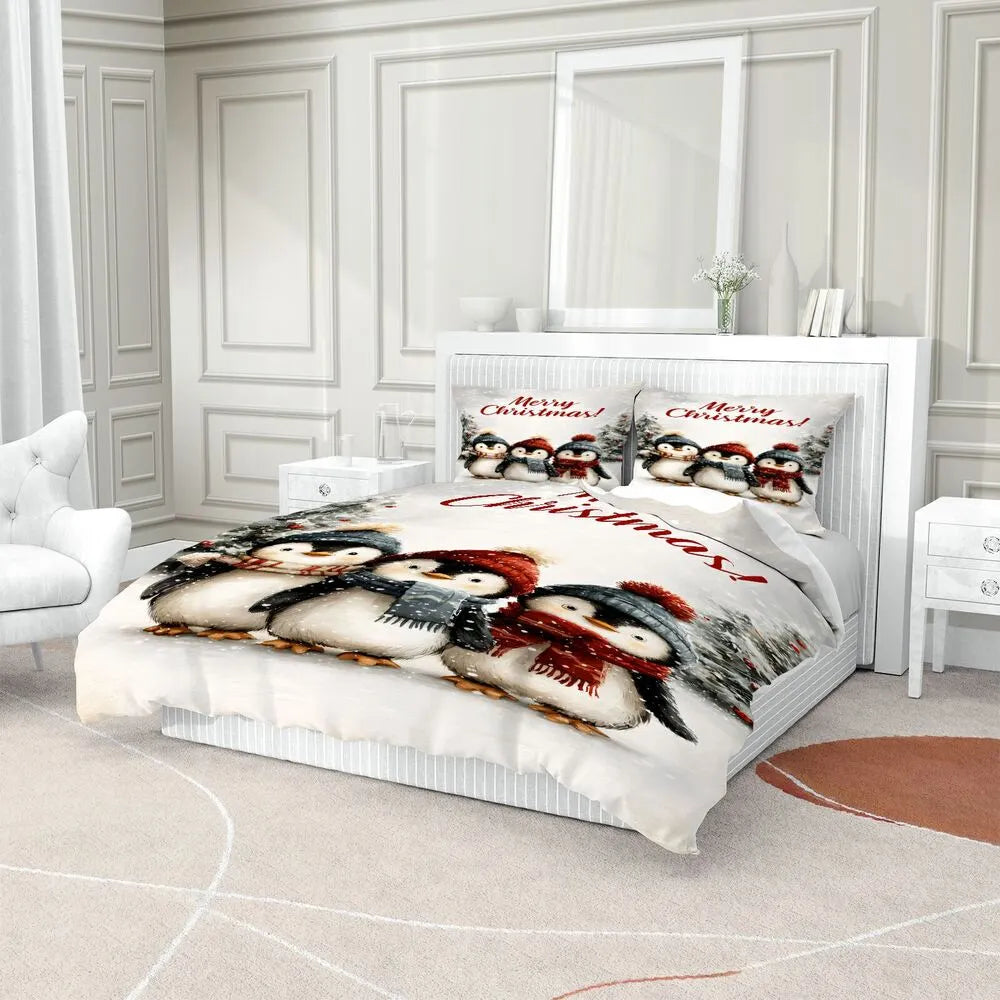 Christmas Penguin Family Merry Christmas White Christmas Gift Duvet Cover Set Kids Bedding Set