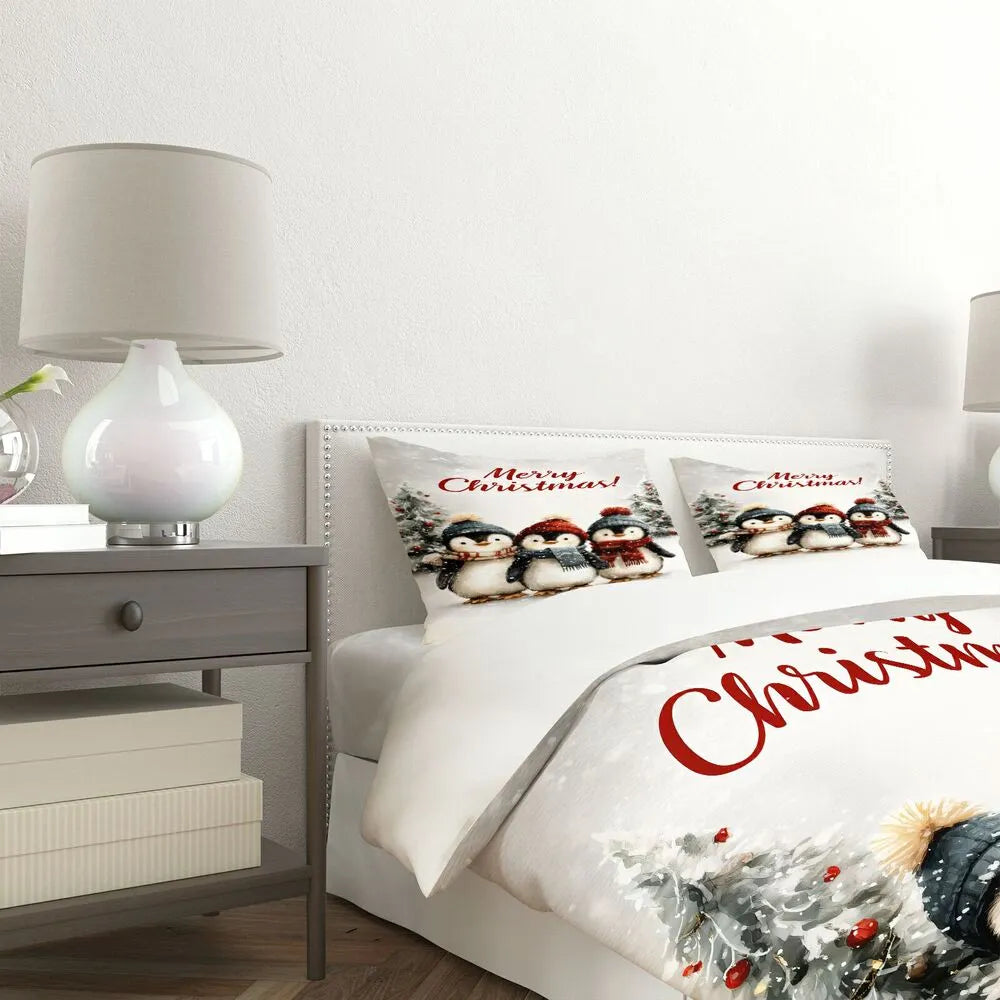 Christmas Penguin Family Merry Christmas White Christmas Gift Duvet Cover Set Kids Bedding Set