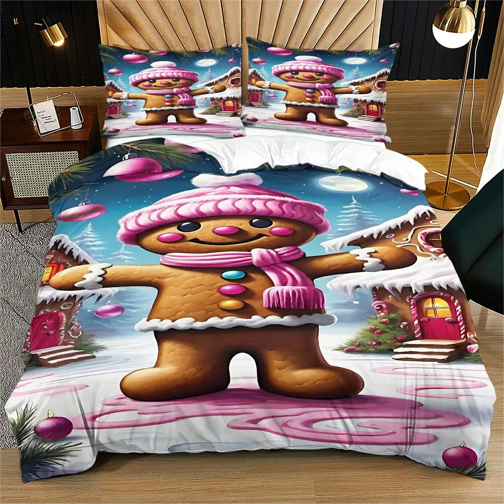 Christmas Pink Gingerbread House Scene Christmas Gift Duvet Cover Set Kids Bedding Set
