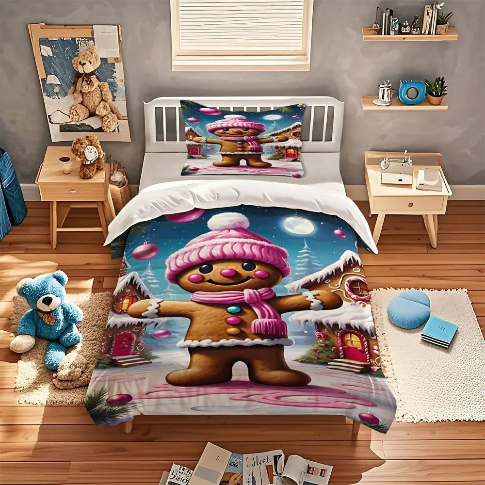 Christmas Pink Gingerbread House Scene Christmas Gift Duvet Cover Set Kids Bedding Set