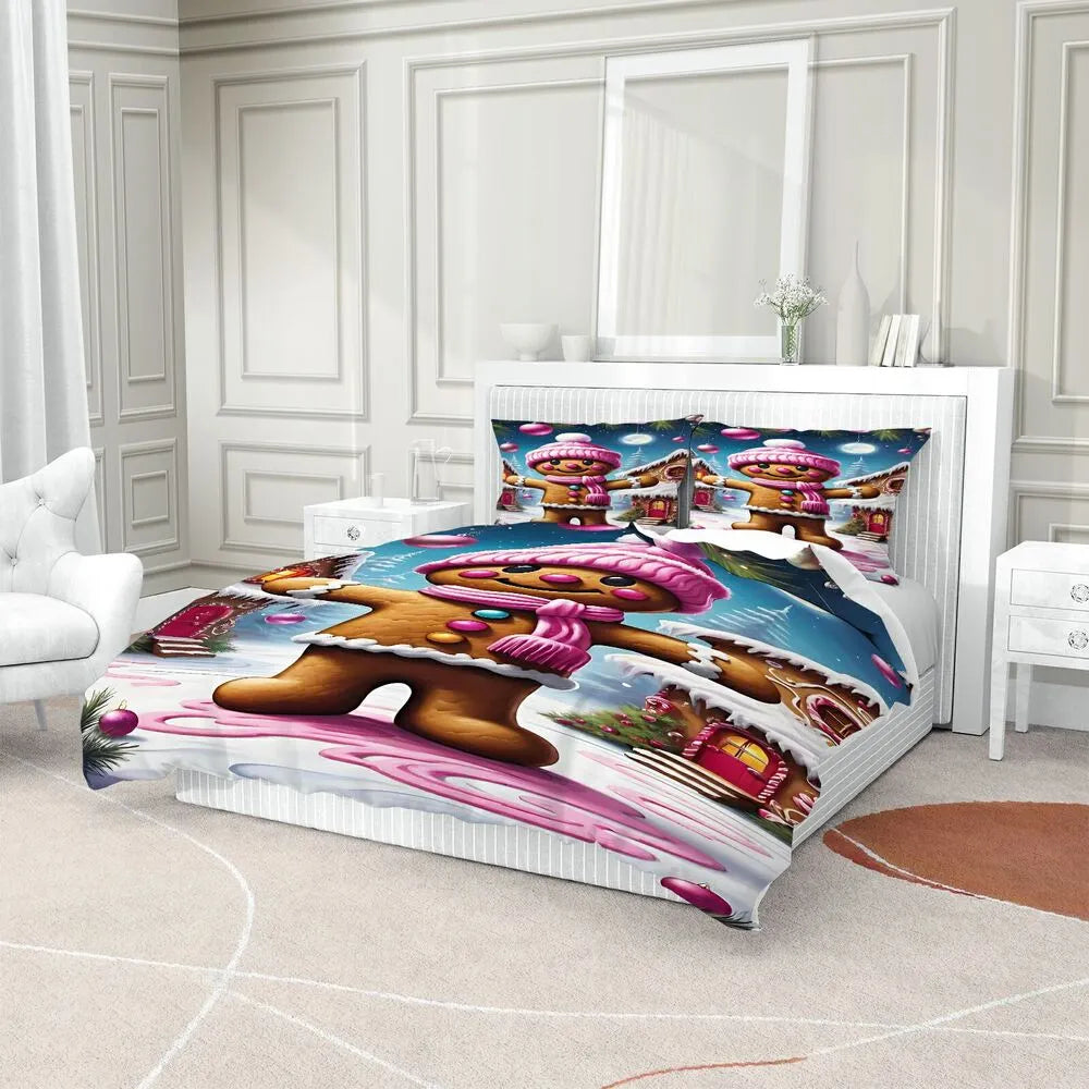 Christmas Pink Gingerbread House Scene Christmas Gift Duvet Cover Set Kids Bedding Set