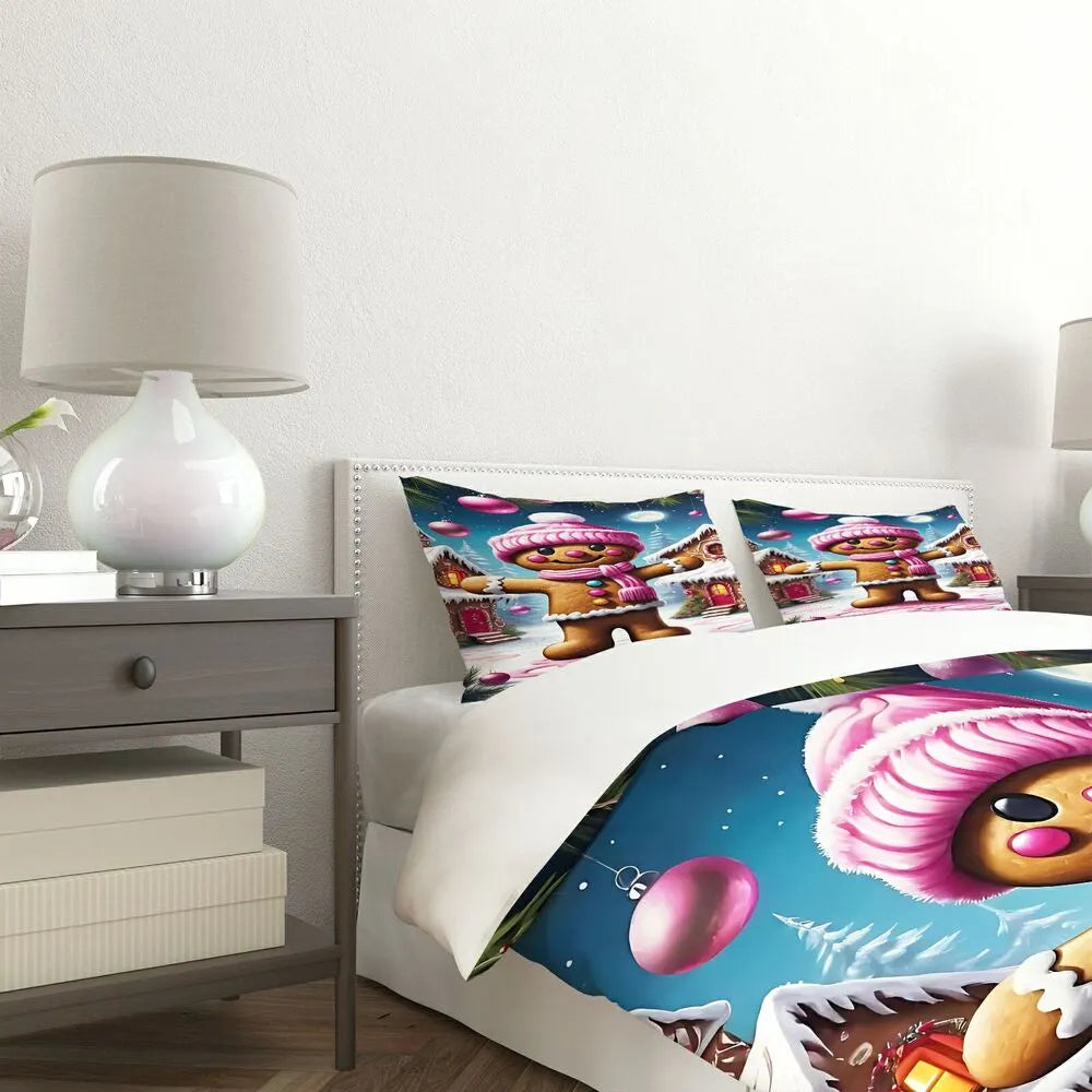 Christmas Pink Gingerbread House Scene Christmas Gift Duvet Cover Set Kids Bedding Set