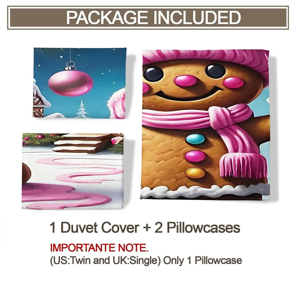 Christmas Pink Gingerbread House Scene Christmas Gift Duvet Cover Set Kids Bedding Set