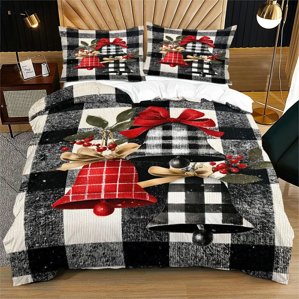 Christmas Plaid Bells Holly Black White Christmas Gift Duvet Cover Set Kids Bedding Set