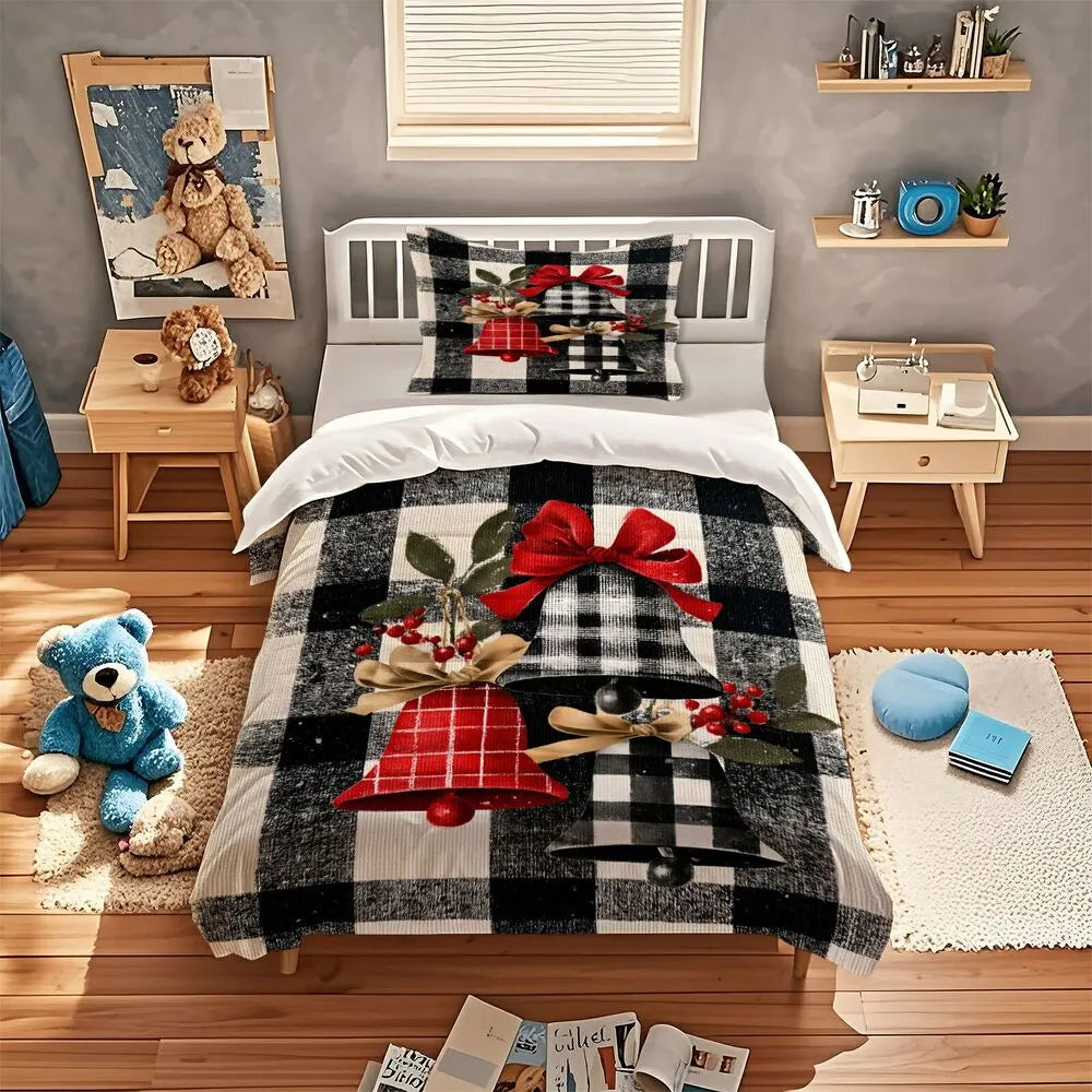 Christmas Plaid Bells Holly Black White Christmas Gift Duvet Cover Set Kids Bedding Set