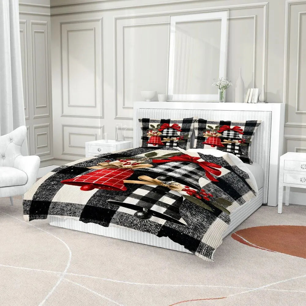 Christmas Plaid Bells Holly Black White Christmas Gift Duvet Cover Set Kids Bedding Set
