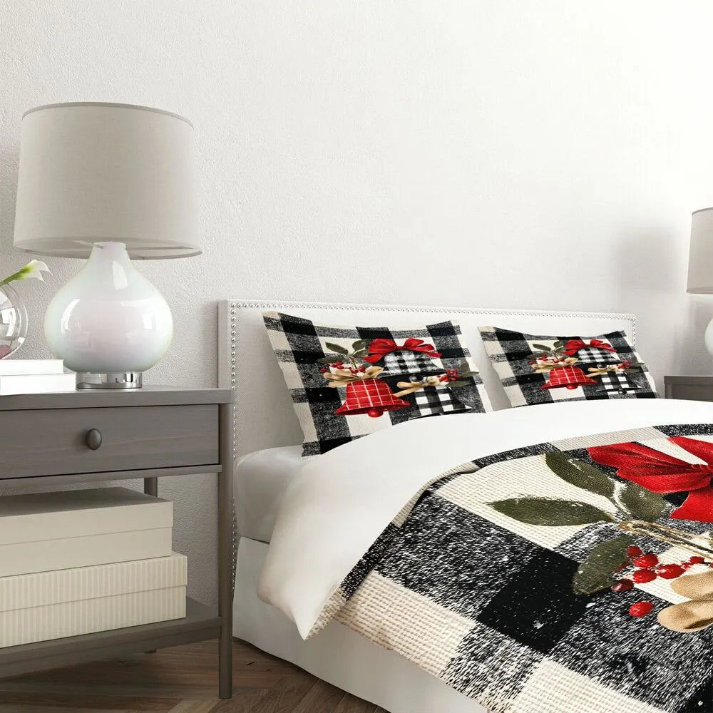 Christmas Plaid Bells Holly Black White Christmas Gift Duvet Cover Set Kids Bedding Set