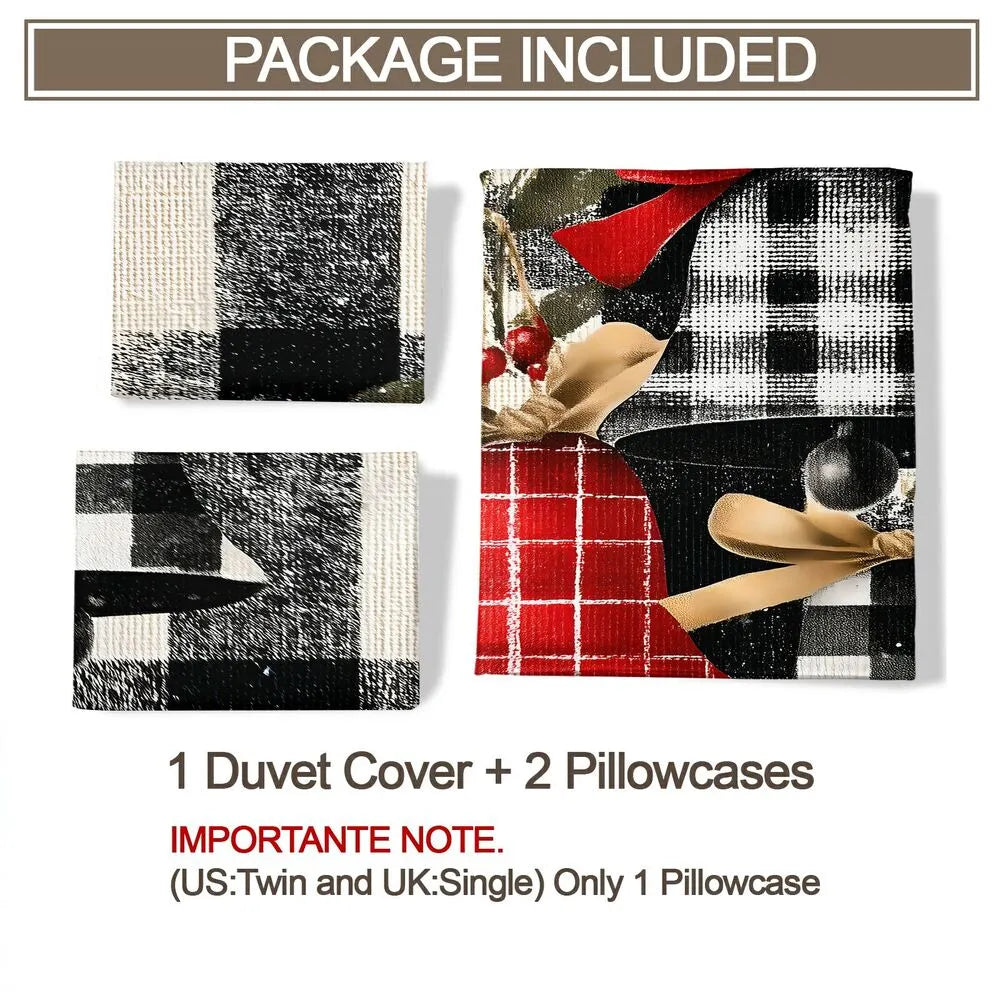 Christmas Plaid Bells Holly Black White Christmas Gift Duvet Cover Set Kids Bedding Set