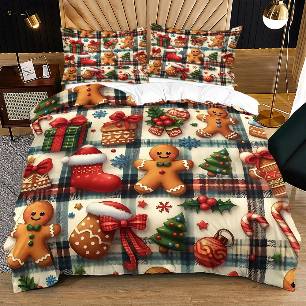 Christmas Plaid Gingerbread Man Christmas Gift Duvet Cover Set Kids Bedding Set
