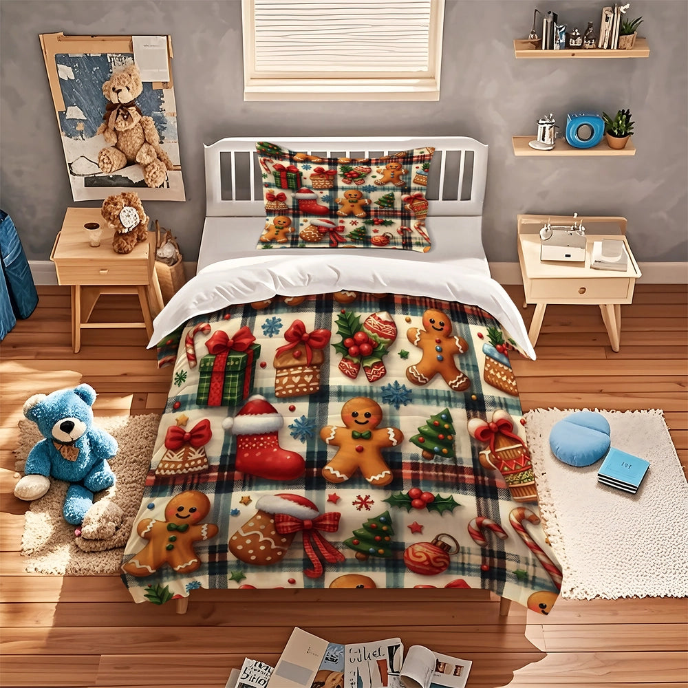 Christmas Plaid Gingerbread Man Christmas Gift Duvet Cover Set Kids Bedding Set