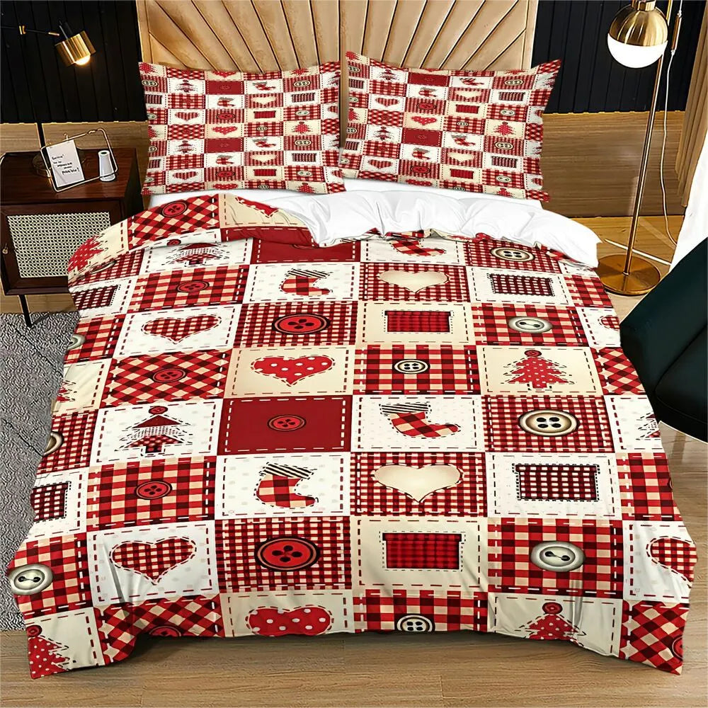 Christmas Plaid Patchwork Button Christmas Gift Duvet Cover Set Kids Bedding Set
