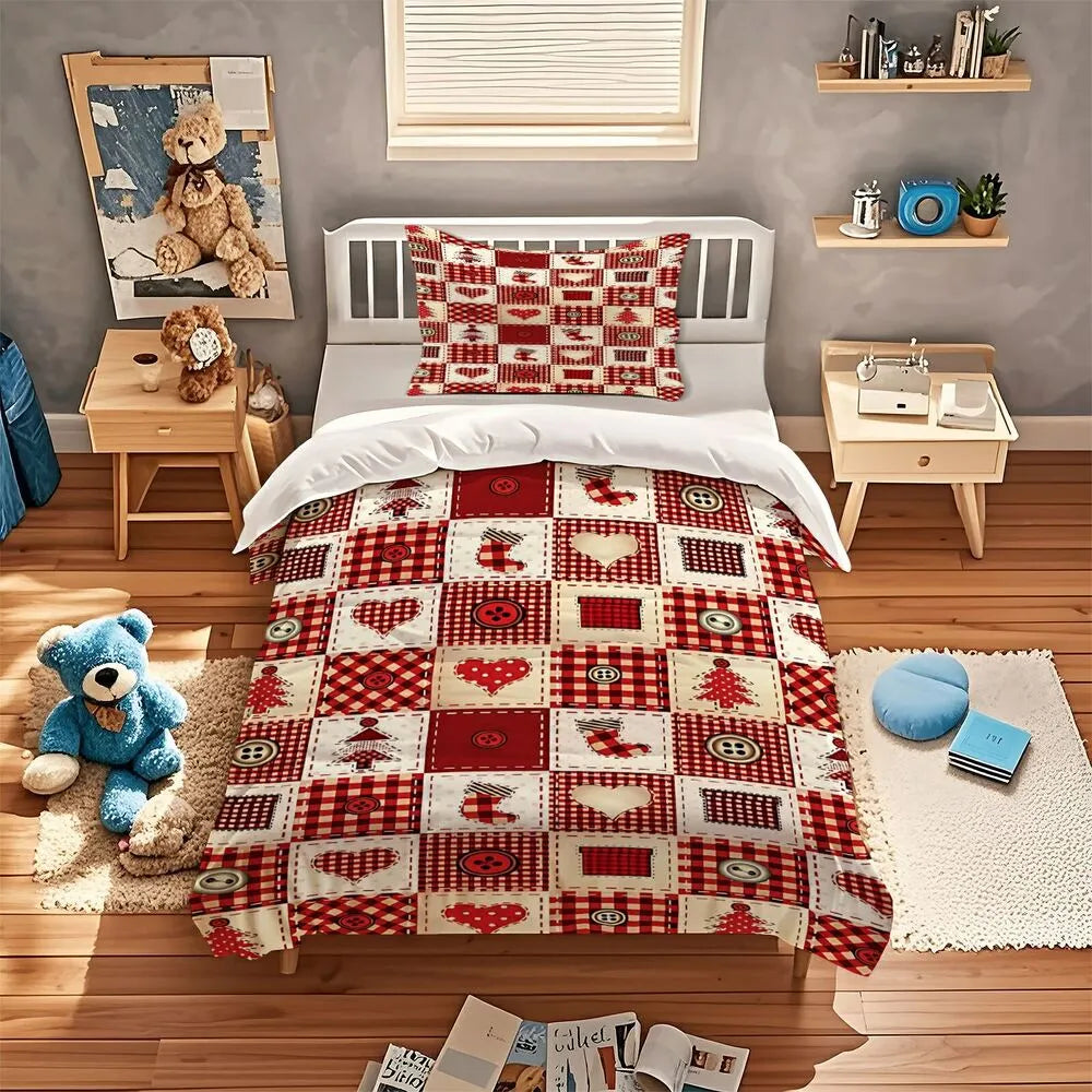 Christmas Plaid Patchwork Button Christmas Gift Duvet Cover Set Kids Bedding Set
