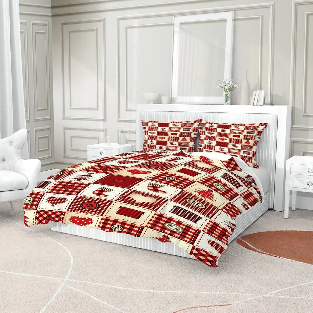 Christmas Plaid Patchwork Button Christmas Gift Duvet Cover Set Kids Bedding Set