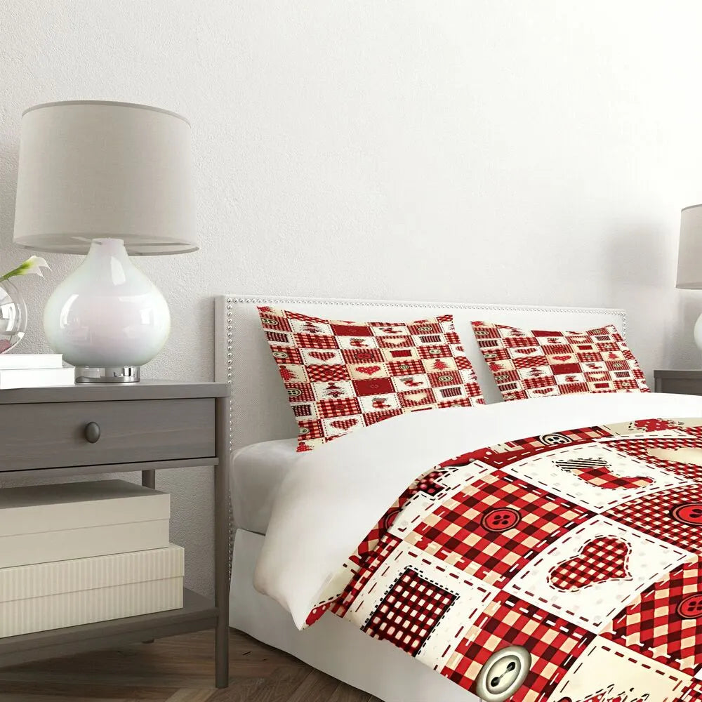 Christmas Plaid Patchwork Button Christmas Gift Duvet Cover Set Kids Bedding Set