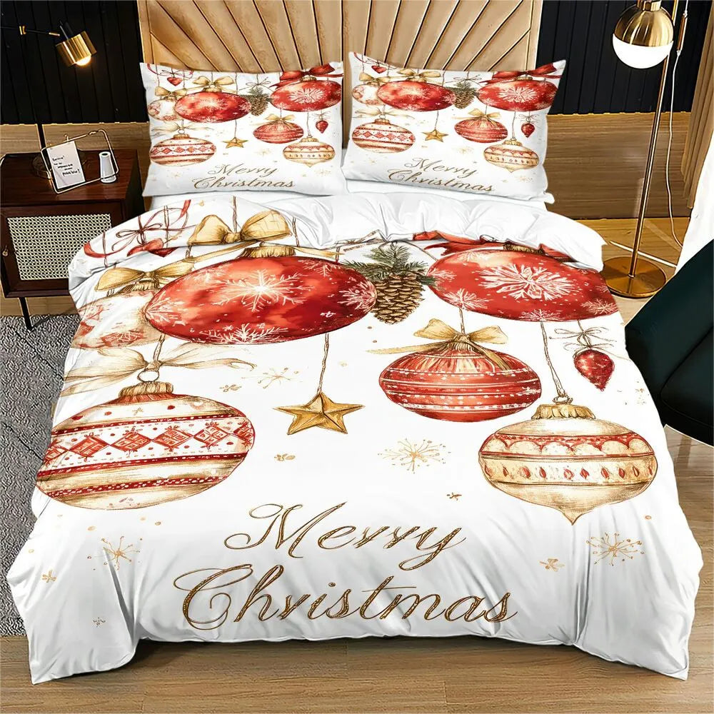 Christmas Red Gold Ornaments Merry Christmas White Christmas Gift Duvet Cover Set Kids Bedding Set